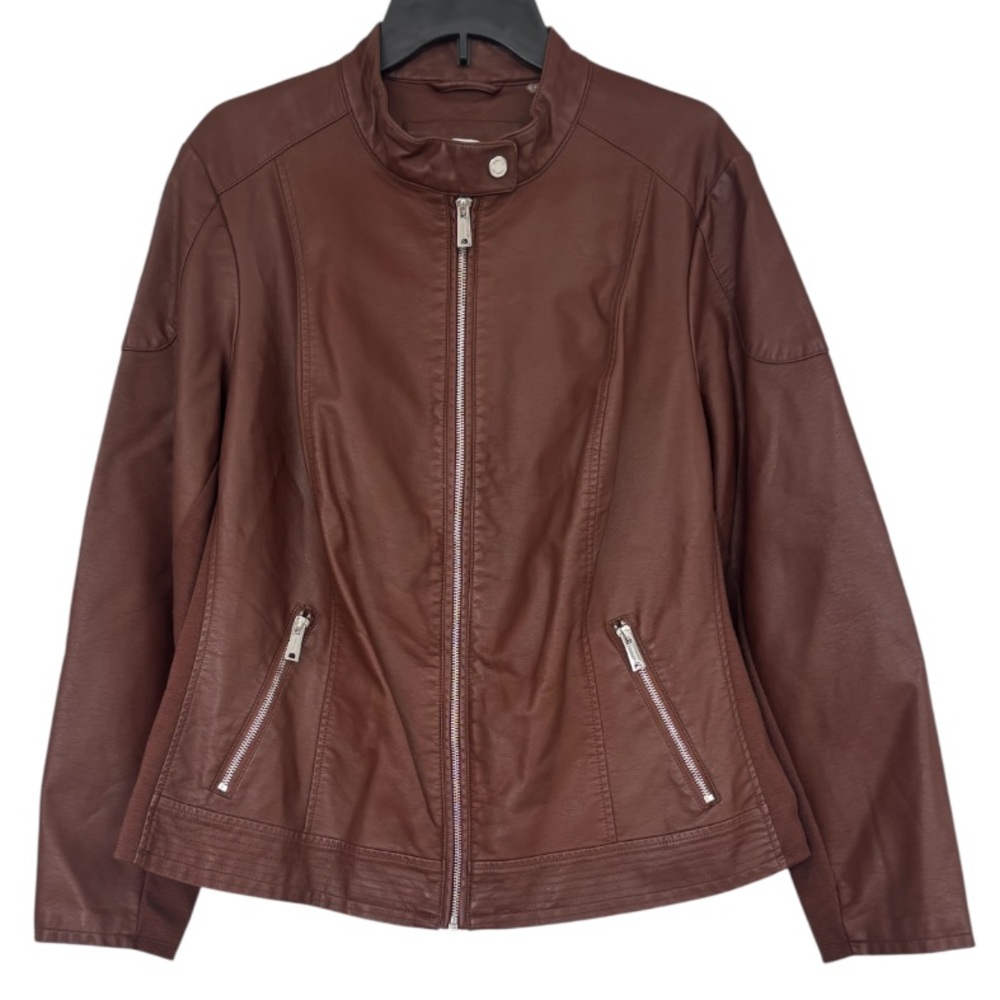 Calvin Klein Brown Leather Jacket Bomber Moto Bikercore Dress Coat Plus Size 1X - Picture 13 of 16